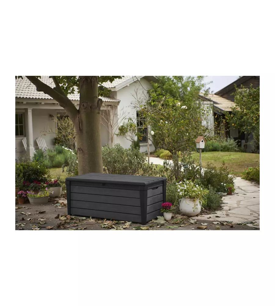 Baule da esterno keter "brushwood" in resina grafite effetto legno 454 lt 145x69,7x60,3 cm